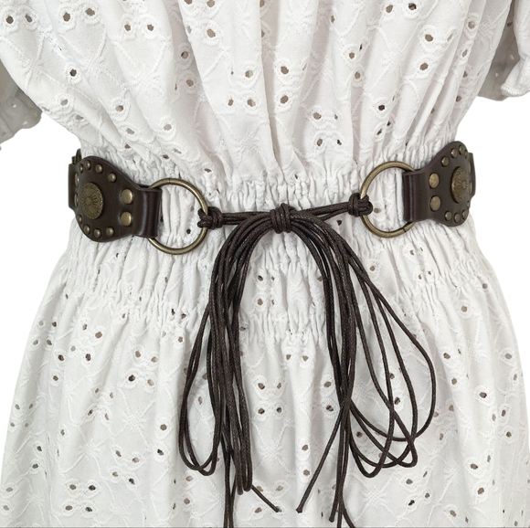 Western brown faux leather concho gold buckle Boho festival studded waist belt - Picture 7 of 15